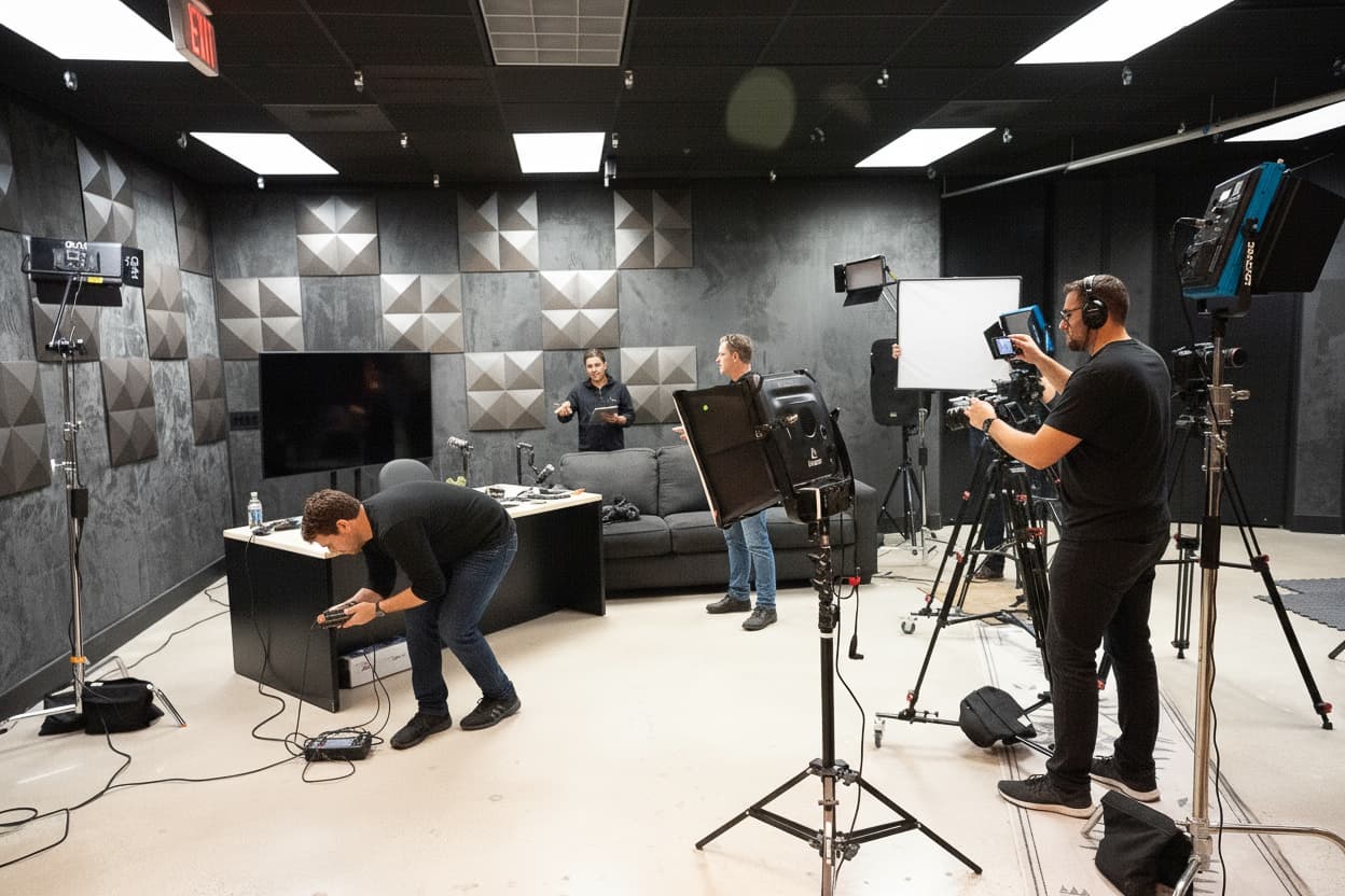 Crew on the production floor surrounded by cameras, lighting, and acoustic treatment
