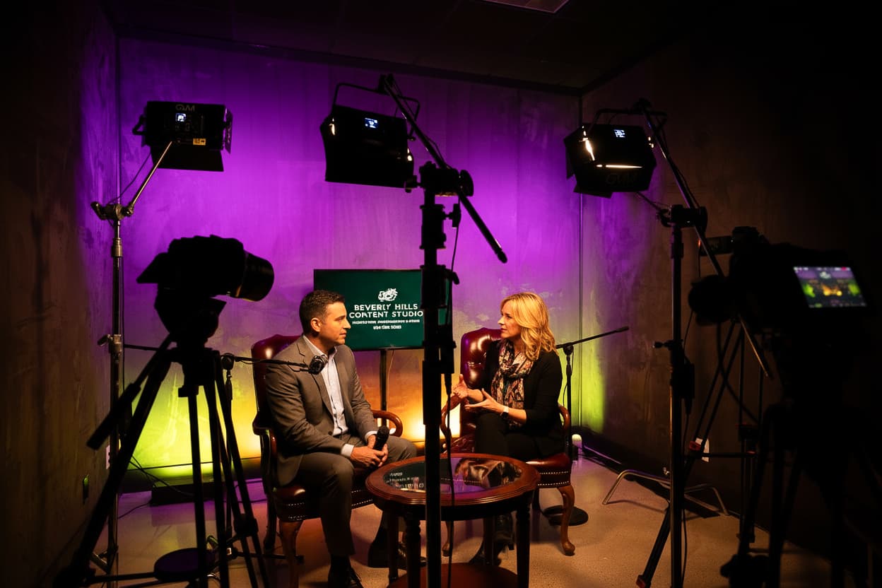 Two-person interview set washed in purple and gold light