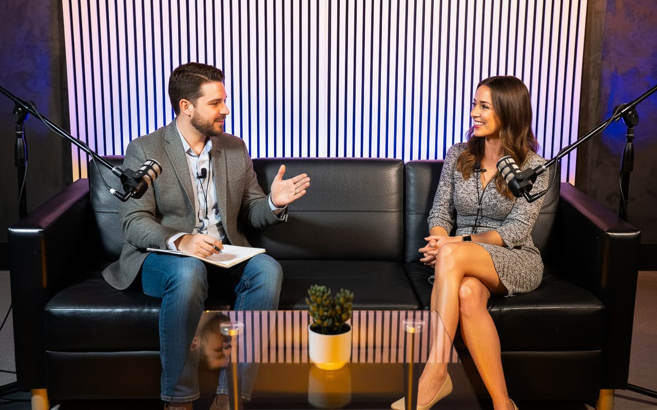 Editorial podcast set with a black leather couch and pinstripe wood panel backdrop